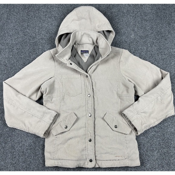 Patagonia Jackets & Blazers - Vtg Patagonia Corduroy Lined Jacket Small Removable Hoodie Beige Grey Snap Down